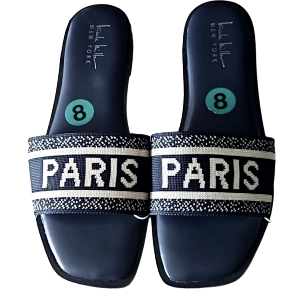 New! Nicole Miller New York Navy Knit Paris Slide On Sandals 8.